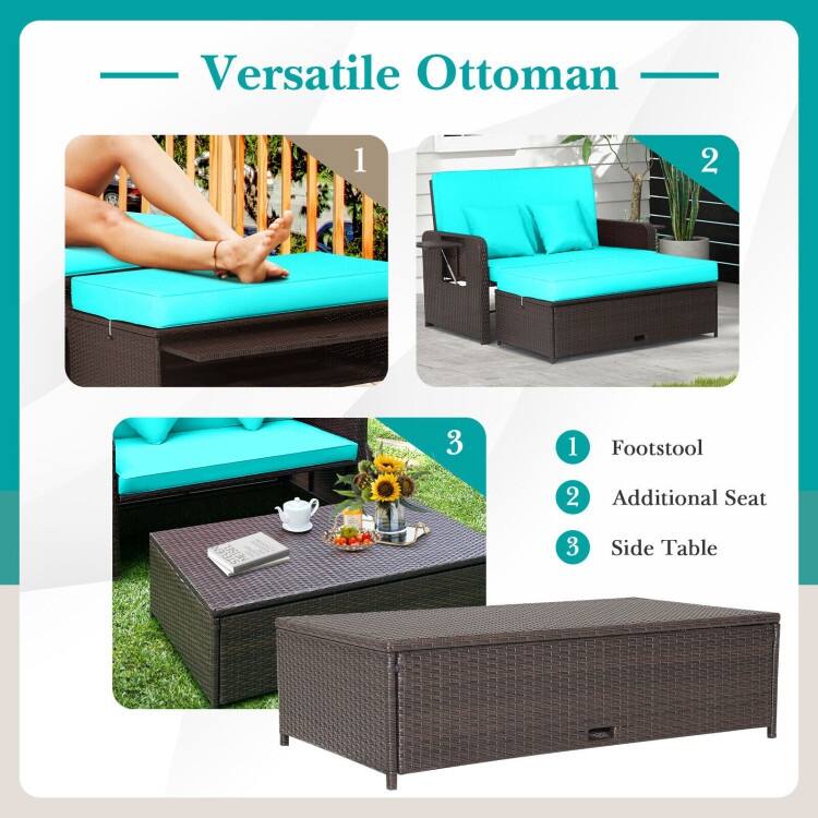 Patio Rattan Daybed with 4-Level Adjustable Backrest and Retractable Side Tray - 31" x 67" x 36"