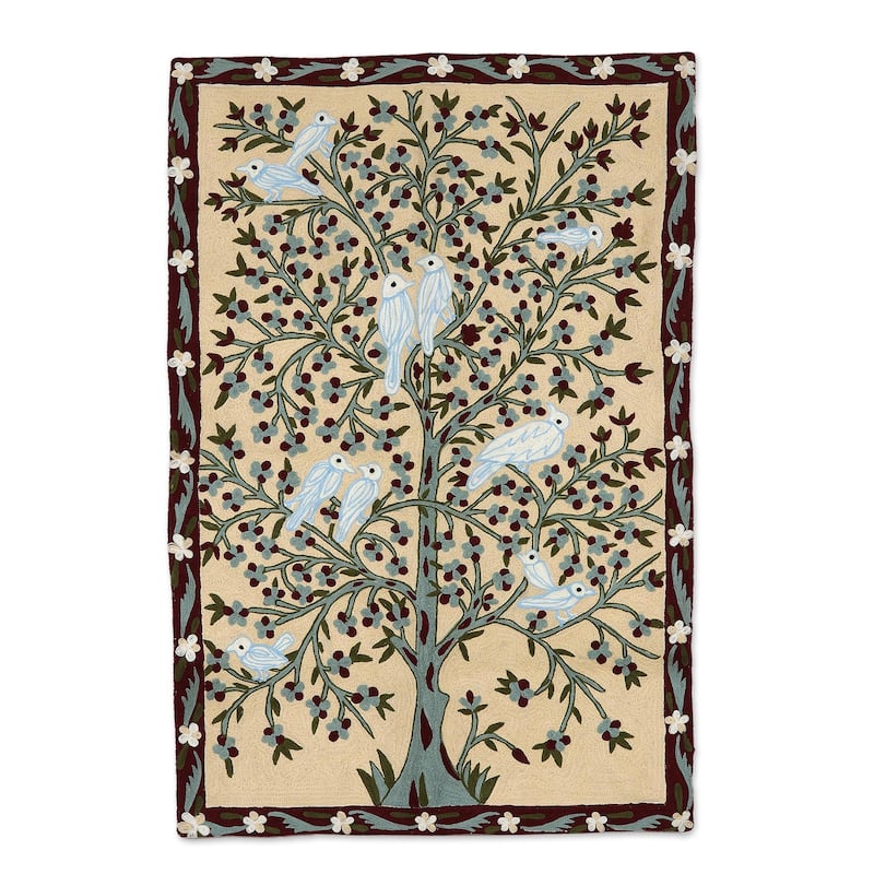 Novica Handmade Abode Of Birds I Wool Chain Stitch Tapestry