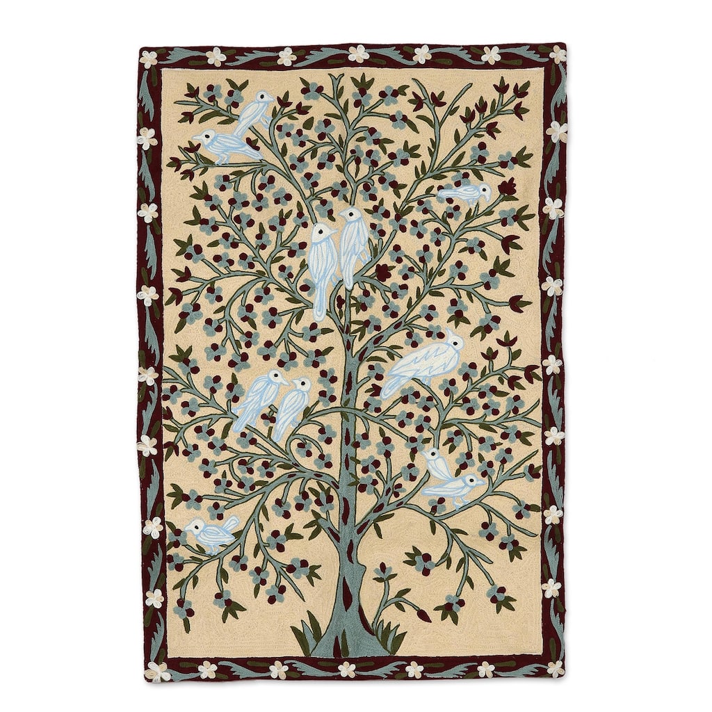 Novica Handmade Abode Of Birds I Wool Chain Stitch Tapestry