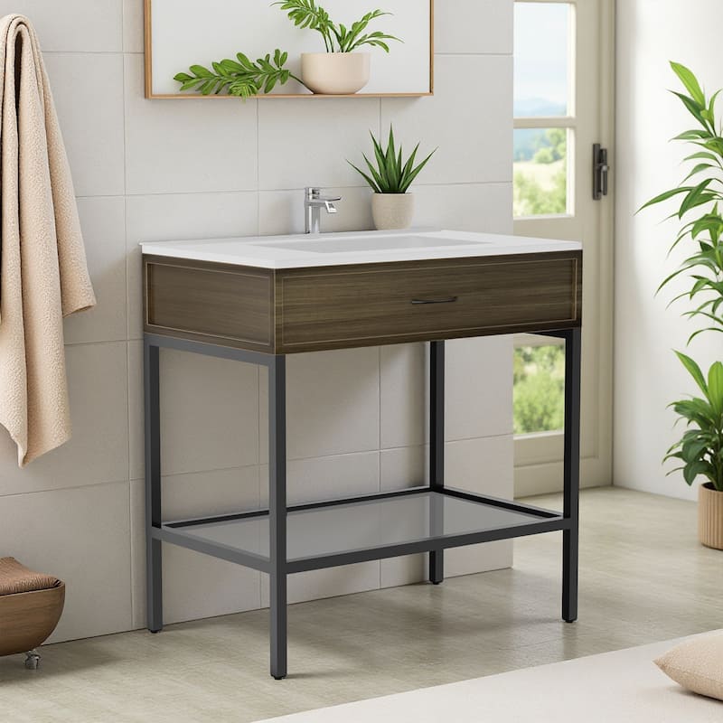 24/30/36-Inch Modern Bathroom or Patio Vanity with Metal Frame and Open Shelf, Black/White