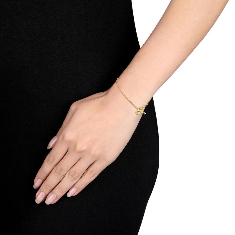 Miadora White "Mom" Heart & Key Charm Bracelet in 18k Yellow Sterling Silver