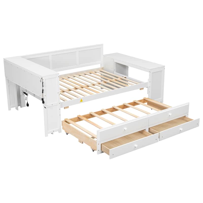 Full Size Daybed with Storage Shelves, Trundle, Charging Station, Desk, and LED Light