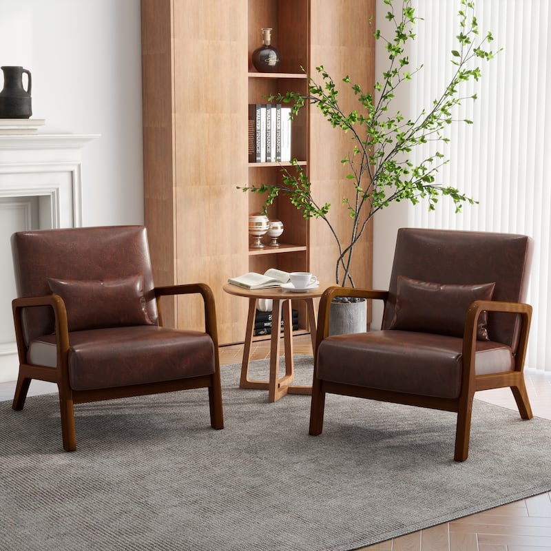 Upholstered Armchair Leisure Chair Accent Chairs Set of 2 with Pillow - Coffee/PU/Brown Wood