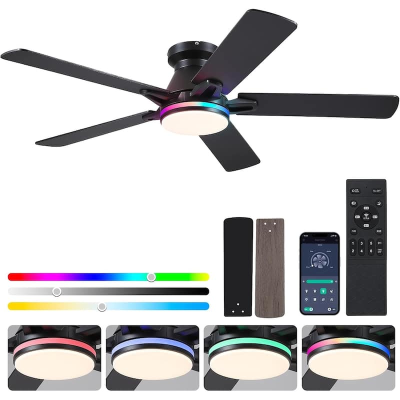 52 Inch Flush Mount Ceiling Fan with Light and Remote,5 Dual Side Blades for Living Room Bedroom Kitchen - 52 Inches - Black-RGB Light