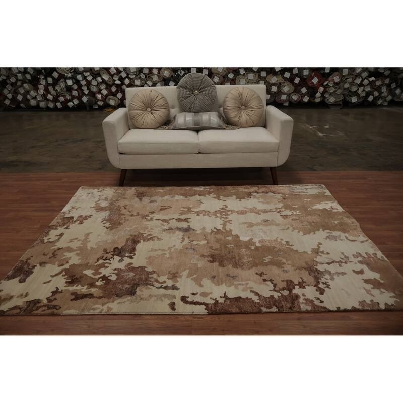 Hand Knotted Oriental Wool & Silk Carpet Modern All-Over Beige & Ivories Gabbeh Area Rug - 7' 4'' X 5' 4''