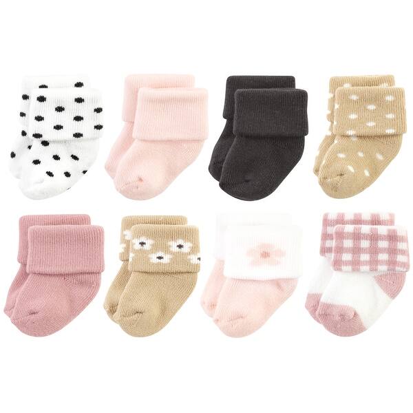 slide 1 of 1, Hudson Baby Infant Girl Cotton Rich Newborn and Terry Socks, Blush Flower Blush Flower - 6-12 Months