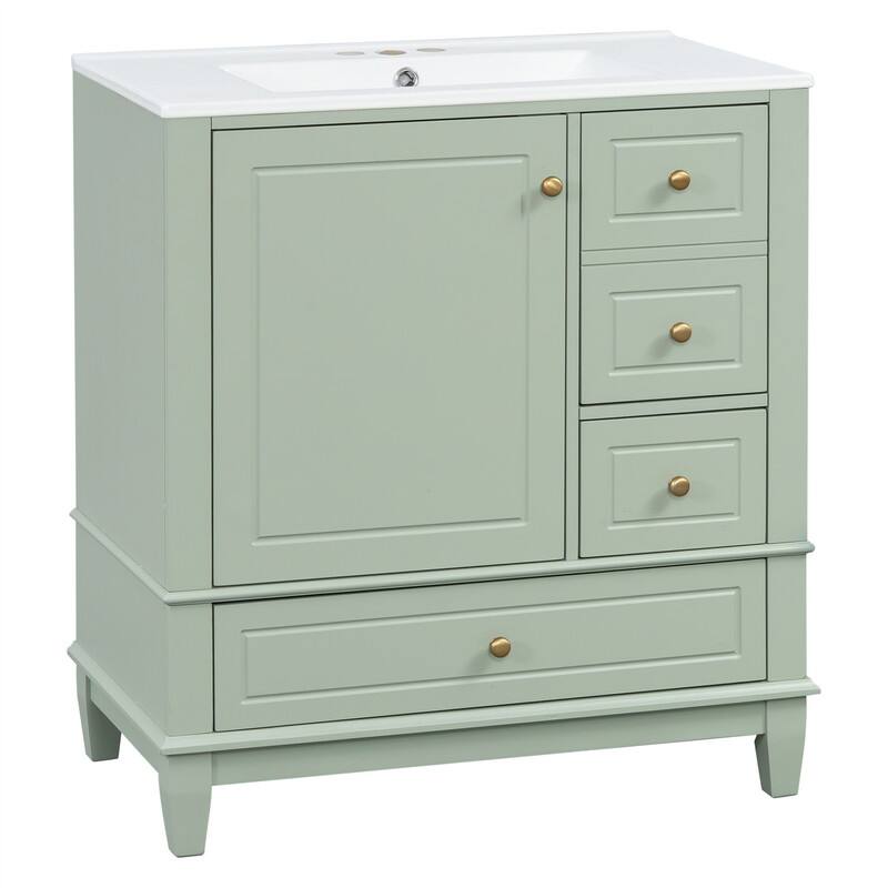 30" Bathroom Vanity with Ceramic Sink, Freestanding Bathroom Vanity Cabinet w/ 3 Storage Drawers, 1 Soft Close Door & Door Shelf