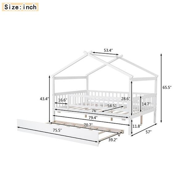 Full Size Wooden House Bed with Twin Size Trundle, Kid's Bed