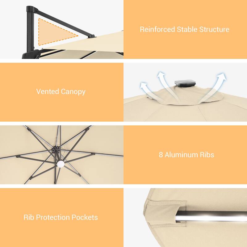 BONOSUKI 11ft LED Aluminum Patio Cantilever Offset Umbrella with Base