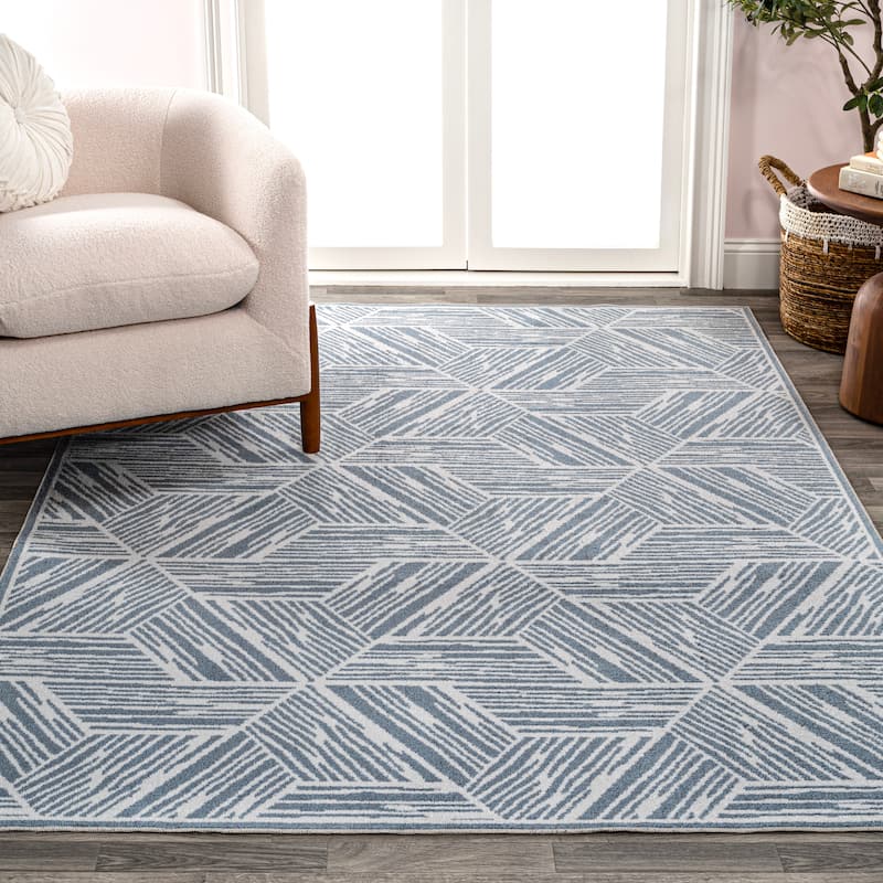 JONATHAN Y Koda Modern Coastal Geometric Machine-Washable Blue/Cream Area Rug