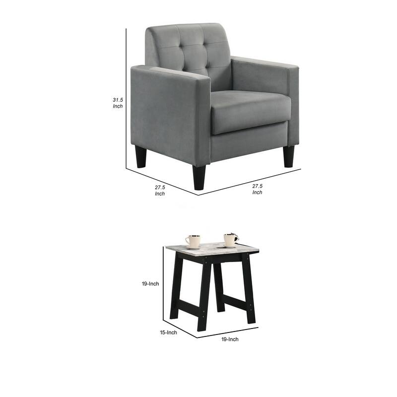 Oz Living Room Set with 2 Velvet Armchairs, Wood Accent End Table, Gray