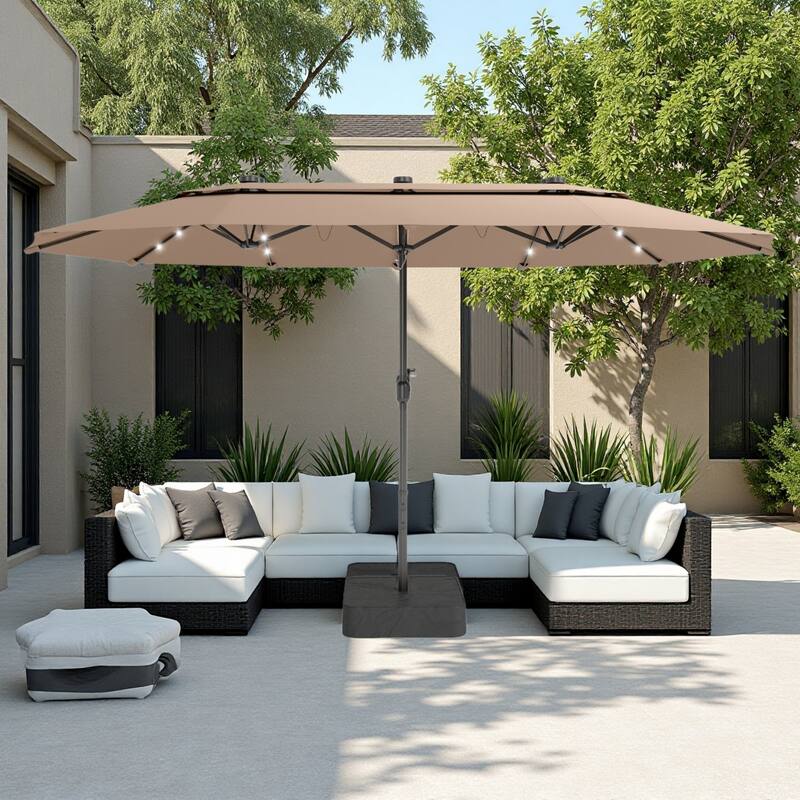 MAISON ARTS 15ft 2-Tier Large Patio Umbrella with Solar Lights, Double-Sided Outdoor Market Umbrellas with Base Included