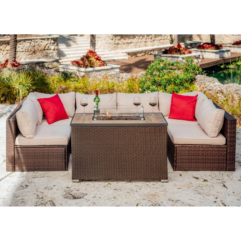 Empyrean Outdoor 43" Wicker Fire Pit Table with Glass Shield