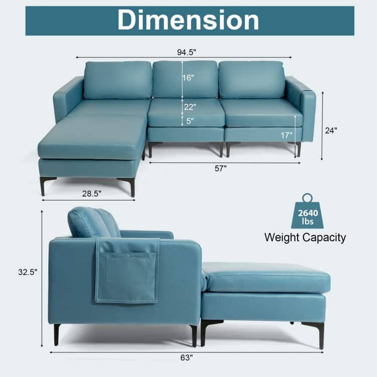 Modular L-shaped Sectional Sofa with Reversible Chaise and 2 USB Ports - 94.5" x 63" x 32.5"(L x W x H)