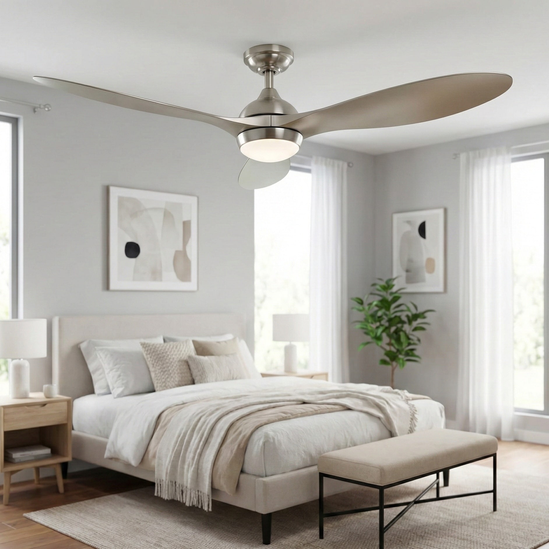 56" Nickel Modern ABS 3-Blade LED Ceiling Fan with Light and Remote