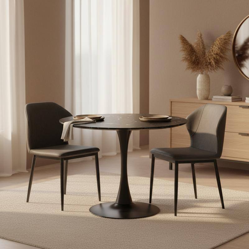 Bristol Modern Solid Wood Top Dining Table with Powder Coated Stainless Steel Pedestal Black Base for Home Kitchen or Restaurant