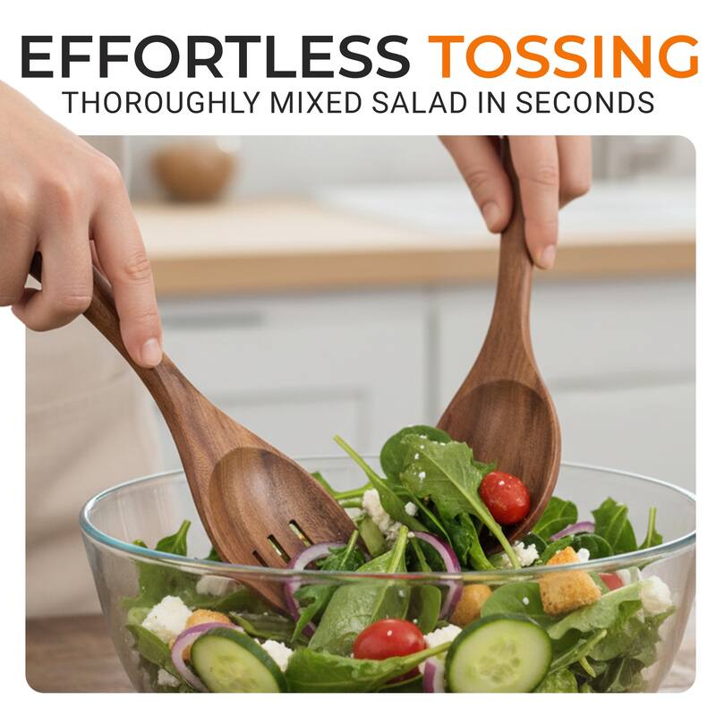 Cheer Collection Teak Wood Salad Spoon and Fork Set with Smooth Finish and Hanging Loop