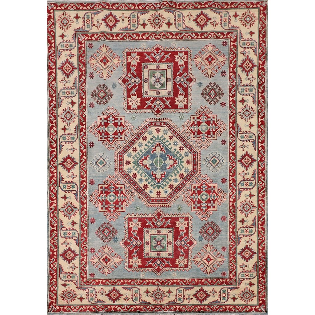 Light Blue Geometric Kazak Area Bedroom Rug Hand-Knotted Wool Carpet - 5'0" x 7'3"