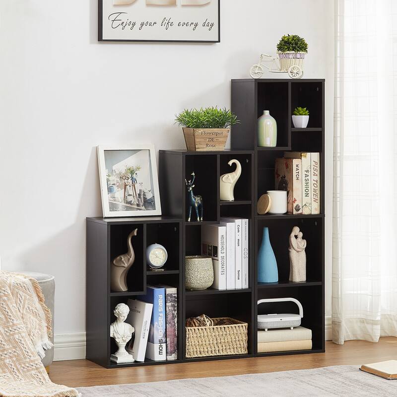 VECELO Wood Organizer Bookcase,Fits Tallest Hardcovers, Customized Storage Display Shelf, Free Standing for Living Room, Bedroom - 12 Cube - Black