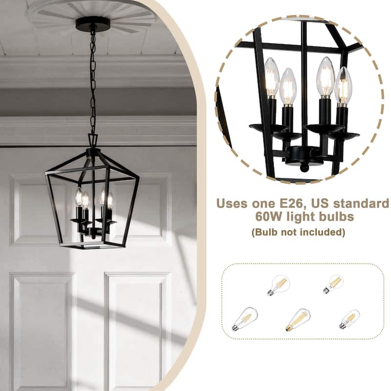 4 Light Matte Black Lantern Pendant - 12"x12"x18"