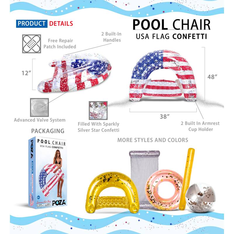POZA Inflatable USA Flag Pool Float Chair with Sparkle Confetti - 48×38 Inch