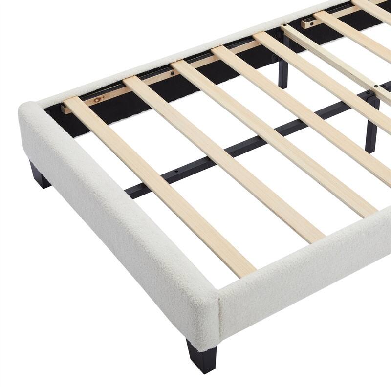 Upholstered Platform Bed with Flower-Shaped Headboard & LED Light Strip, Twin/Full Size Sherpa Fabric Bed Frame w/ Slats Support