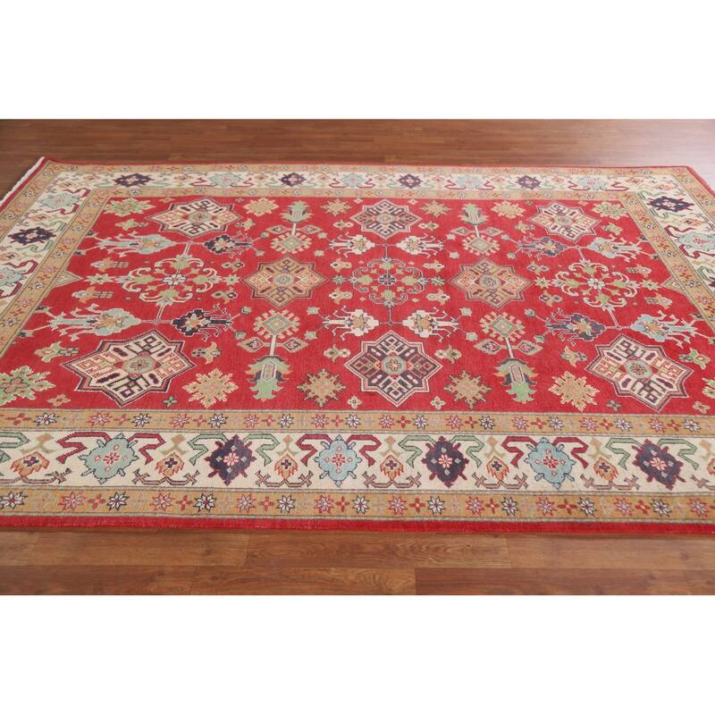 Hand Knotted Oriental 100% Wool Carpet Traditional All-Over Red Kazak Area Rug - 9' 6'' X 6' 8''
