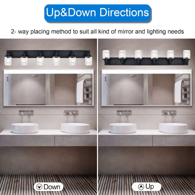 5-Light Bathroom Lighting, Modern Black Vanity Light Fixture Over Mirror, Industrial Fixture with Clear Grid Glass
