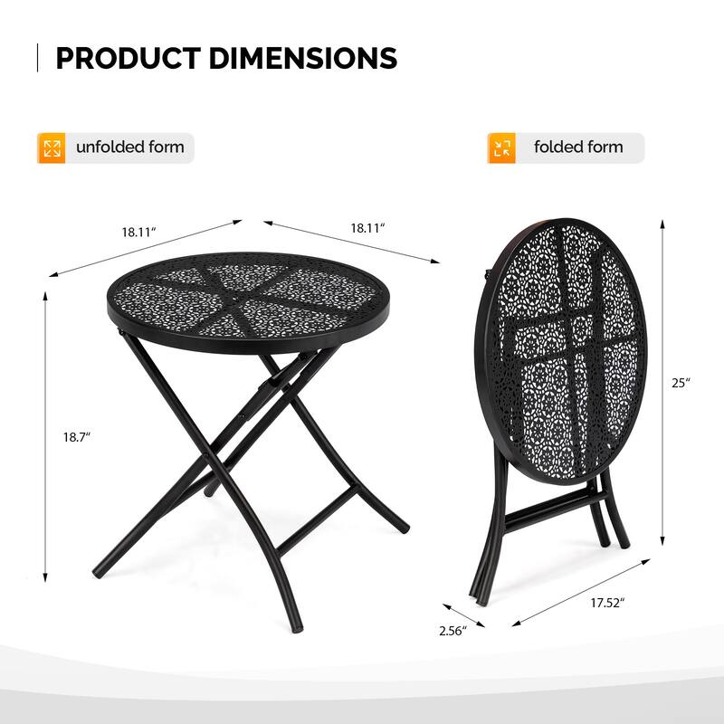 Black Iron Folding Patio Side Table with Flower Cutout Design - 18.1 x 18.1 x 18.7 in