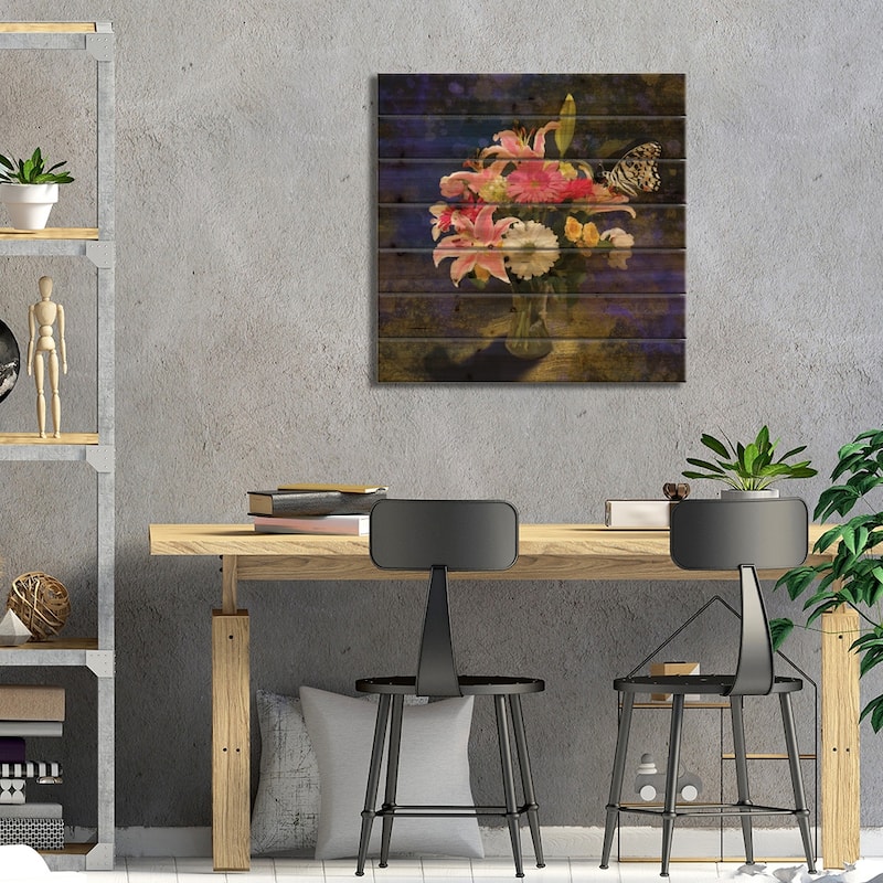 Shauna's Vase And Butterfly Print On Wood by Thomas Little - Multi-Color