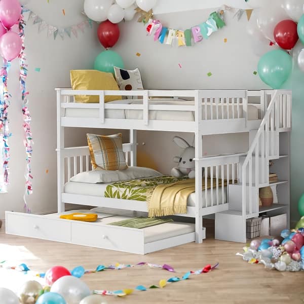 slide 2 of 9, Modern Full Over Full Bunk Bed With Twin size Trundle,Storage and Guard Rail,Solid Construction