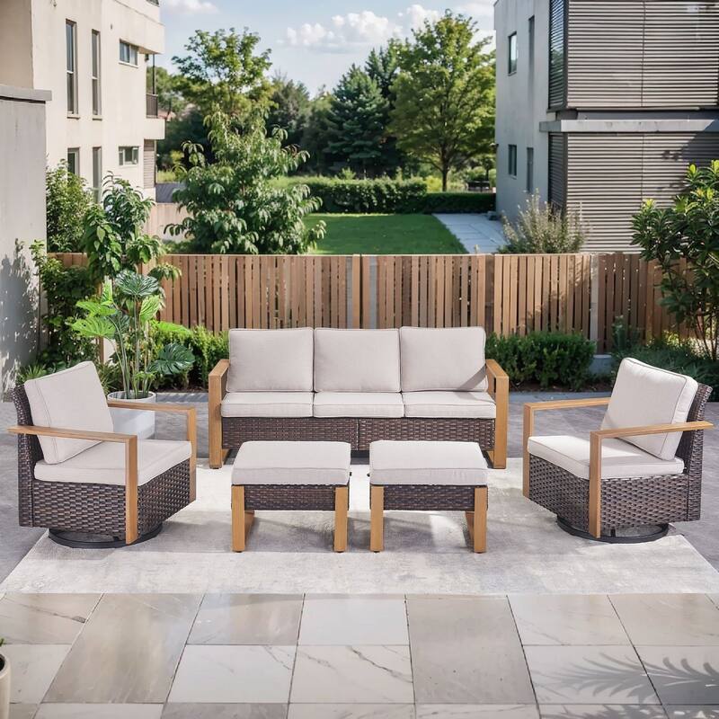 Pocassy Outdoor Sofa, Swivel Chair, Patio Chair Ottoman Set - 5 Pieces Sofa Swivel Chairs w/ Ottoman - Brown Wicker Beige Cushion