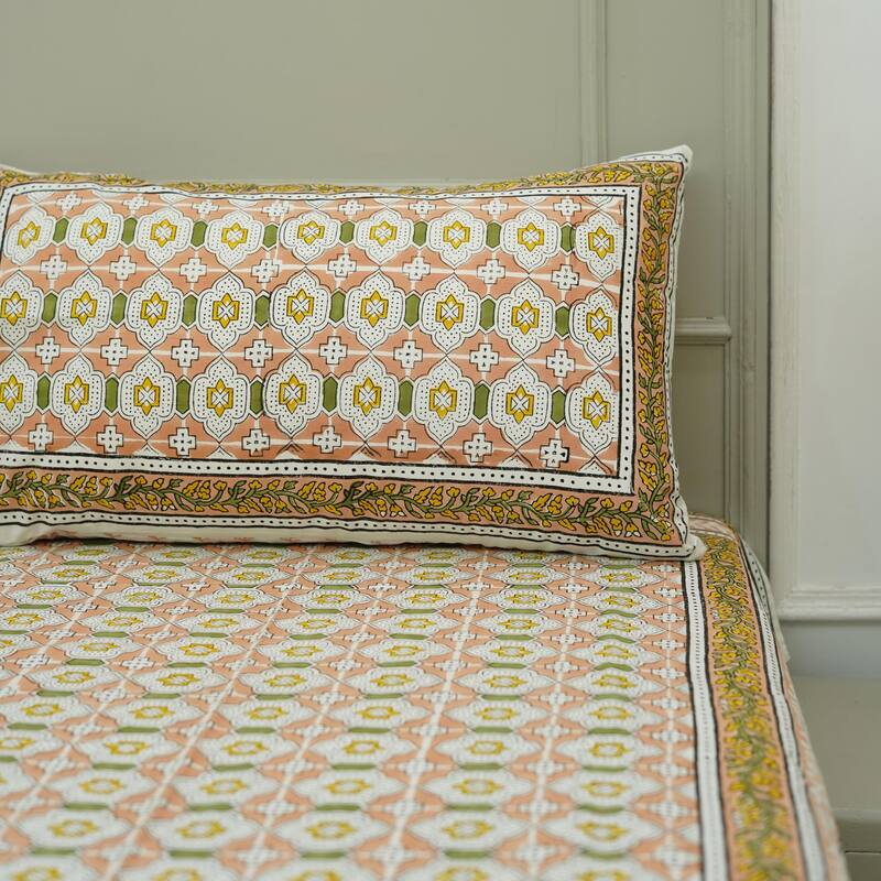 Fabdivine Handmade Block Print Flat Sheet or Bed Sheet Cotton Fabric Floral Home Decor - Jarokha- Peach, Green, Yellow - Full
