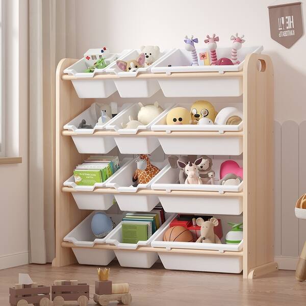 slide 2 of 9, Kids Toy Storage Organizer With 12 Plastic Bins Beige