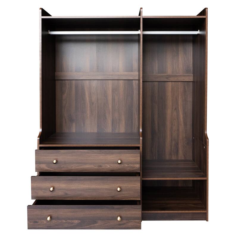 Wooden Open Wardrobe Storage Clothes Storage Cabinet with Dual Hanging Rods and Five Shelves Armoire for Bedroom