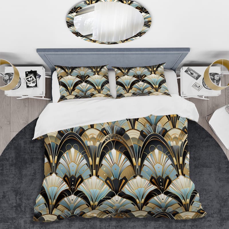 Designart "1970S Blue And Gold Damask Art Deco I" Gold Damask Bedding Set With Shams