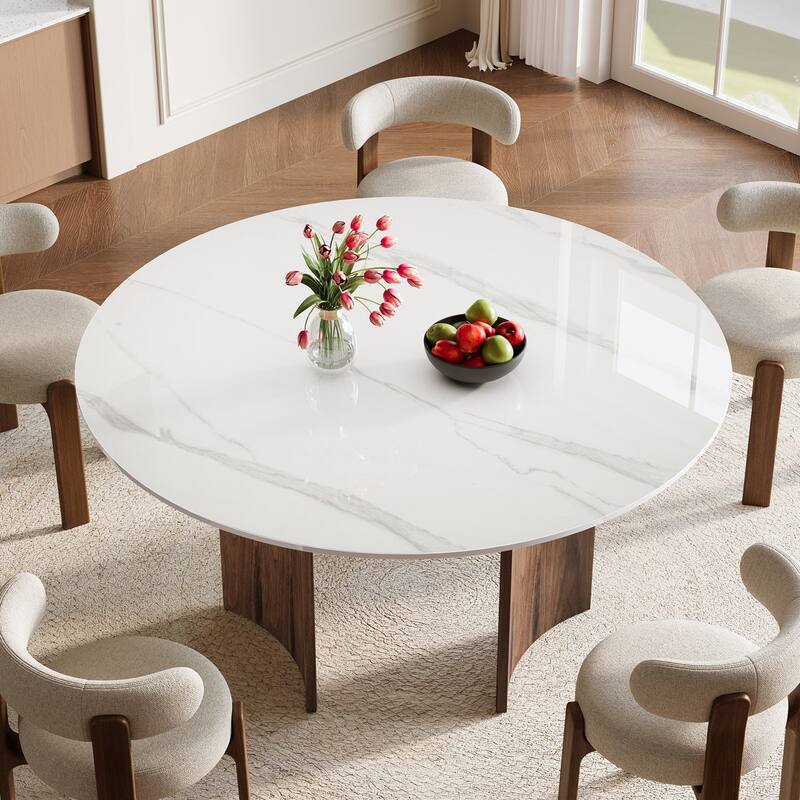 59-Inch Round Dining Table with Stone Top Solid Wood Base - White and Brown