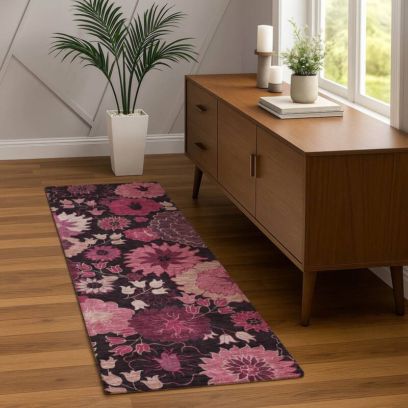 Machine Washable Indoor/ Outdoor Modern Floral Chantille Rug