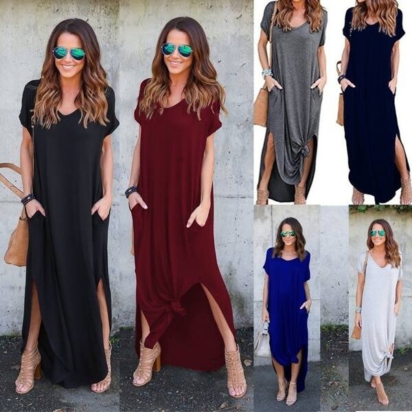 Shop Loose Casual V Neck Split Baggy Long Maxi Dress Overstock