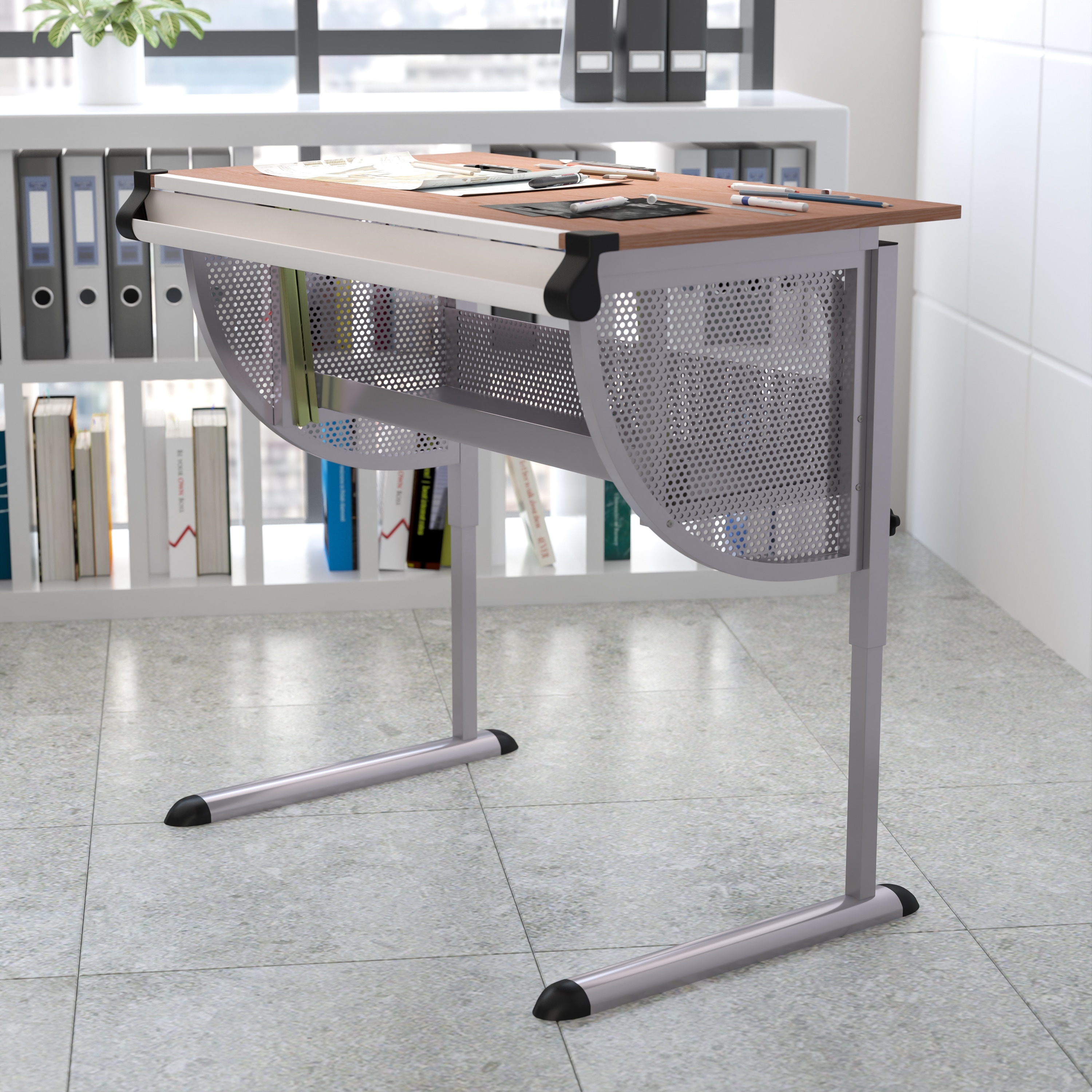 Adjustable Drawing and Drafting Table with Pewter Frame and Lower Supply Tray - 45.25"W x 28.25"D x 34.25" - 47.75"H