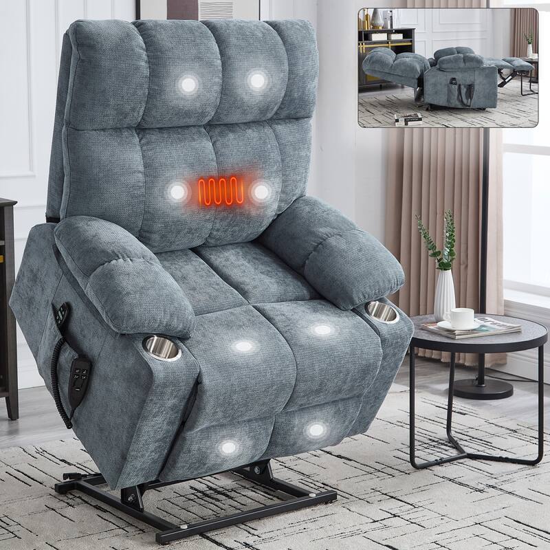 Roomfitters Dual Motor Power Lift Recliner Chair with Heat Massage Oversized Infinite Position Sofa with Cup Holders - Grey-Blue