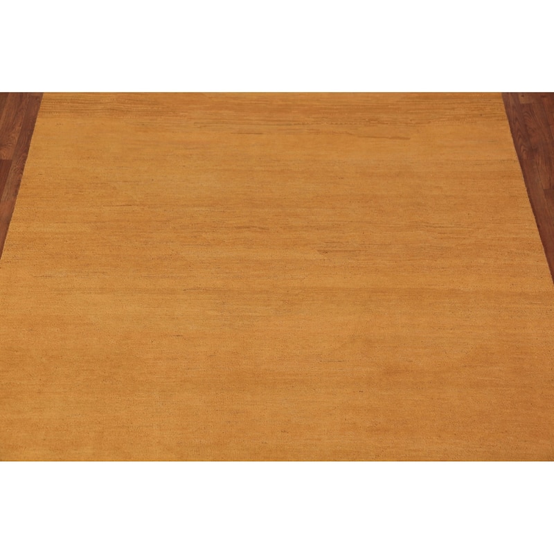 Modern Gabbeh Area Rug Hand-Knotted Solid Orange Wool Carpet - 5'9" x 8'8"