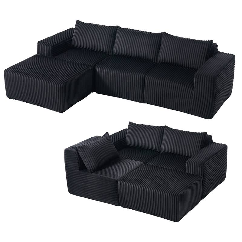L-Shape Sectional Sofa with Ottoman, Fabric Upholstered Floor Cloud Couch, Modular Corner 3 Seat Sofa with Deep Seat