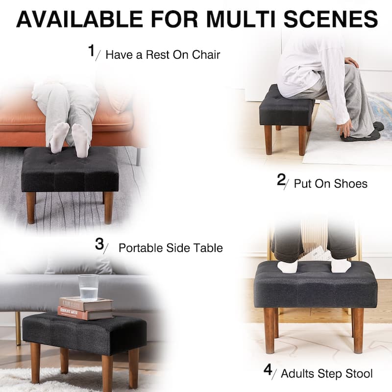 Javlergo Set of 1 or 2 Linen Ottoman Foot Rest with Wooden Legs Tufted Rectangle Upholstered Footstool for Couch Living Room