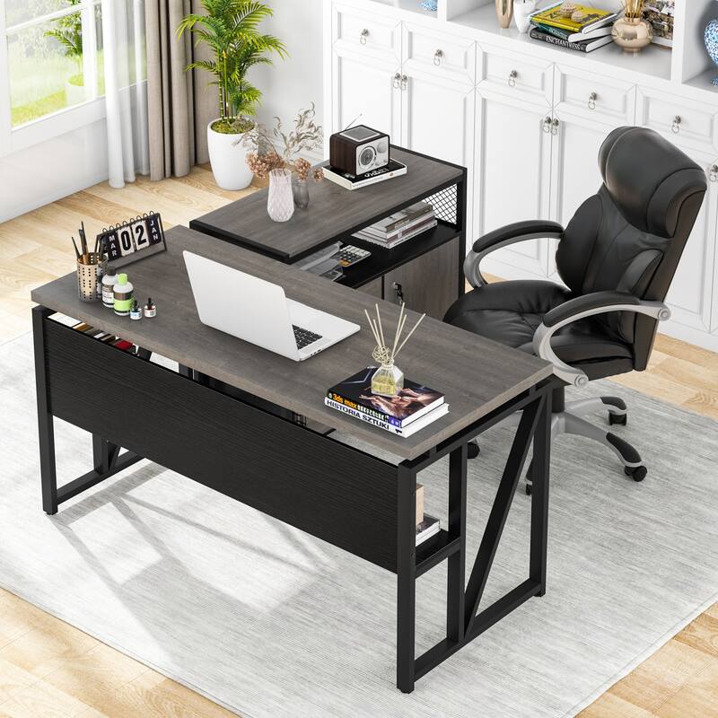 L Shaped Desk with Drawer, Executive Desk and lateral File Cabinet, 2 Piece Home Office Furniture