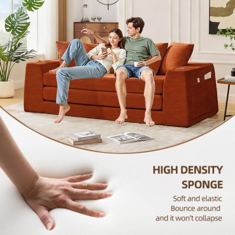 2 in 1 Convertible Sofa Bed, Sleeper Sofa with Storage Pockets, Pull Out Loveseat Couch with Two Cup Holders