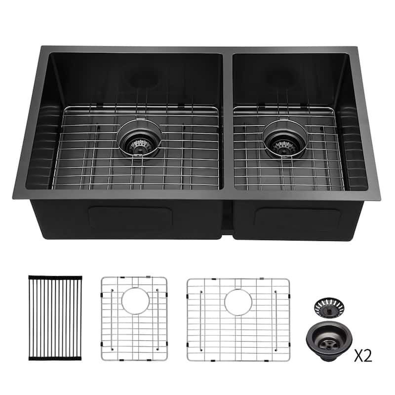 Undermount 16 Gauge Double Bowl Stainless Steel Kitchen Sink in Gunmetal Black - 33'' x 19'' x 10''