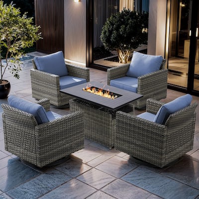 Grey Wicker Fire Pit Table with Outdoor 4 Swivel Chairs - 4PCS Grey Wicker Chairs w/ Grey Wicker Fire Table