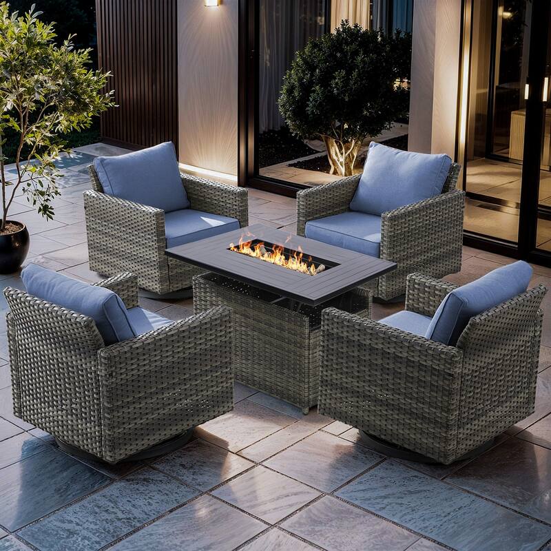 Outdoor Grey Wicker Fire Pit Table with 4 Swivel Chairs - Blue Cushion - 4PCS Grey Wicker Chairs w/ Grey Wicker Fire Table