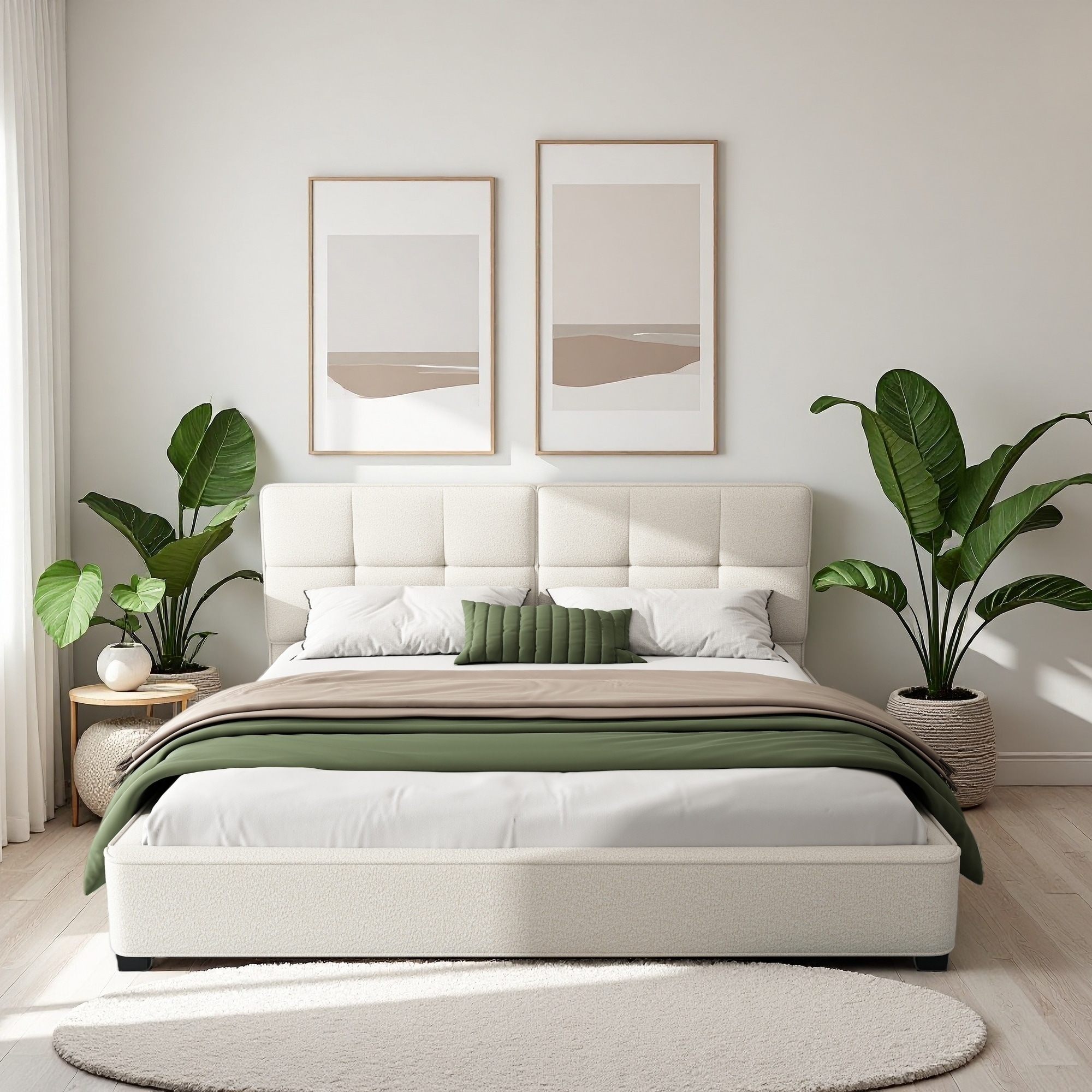 King Size Upholstered Platform Bed with Curved Tufted Headboard, and Soft Square Corners